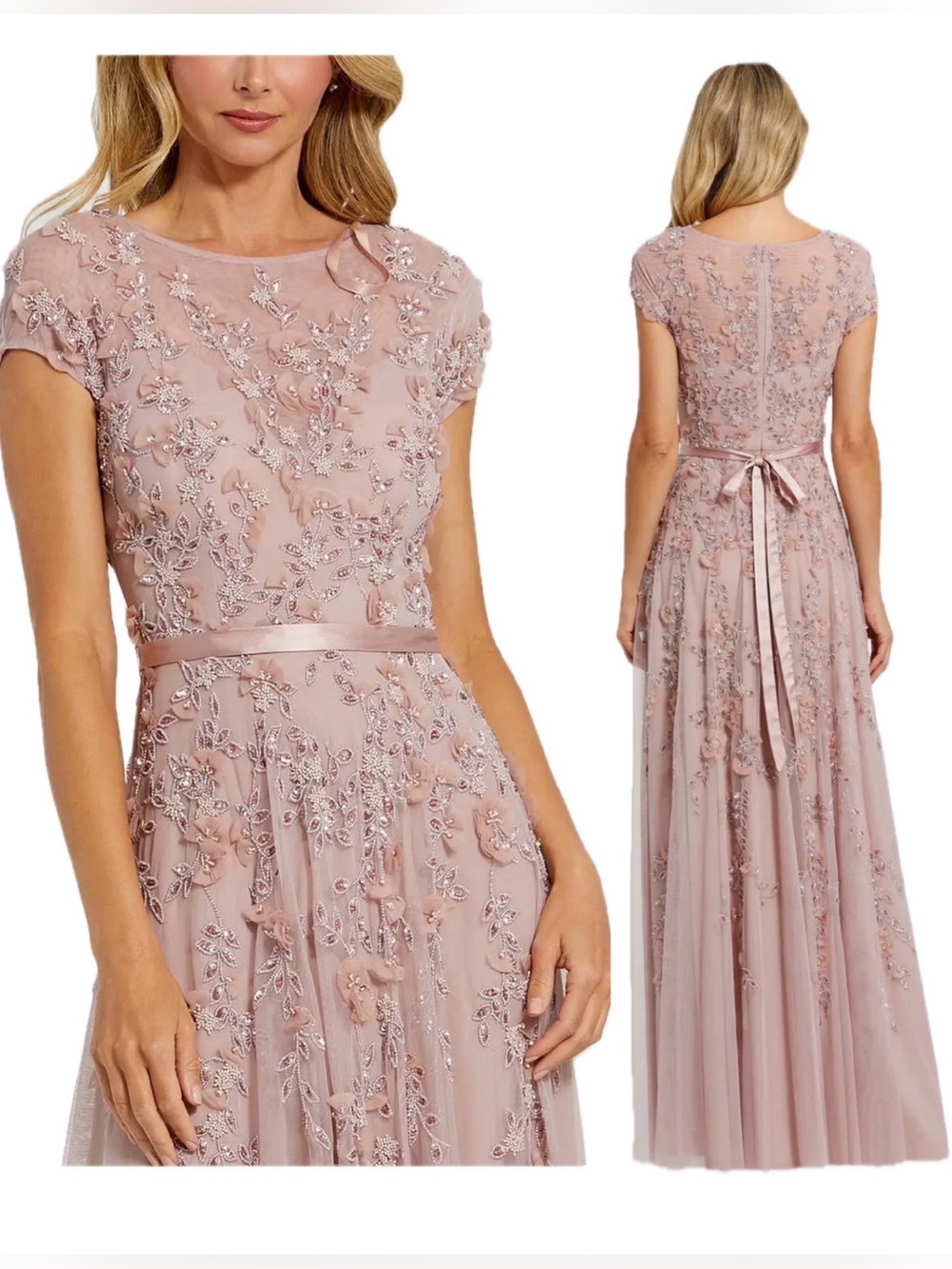 MAC Duggal 14521 Pink Floral Embellished Cap Sleeve Gown Sz 10